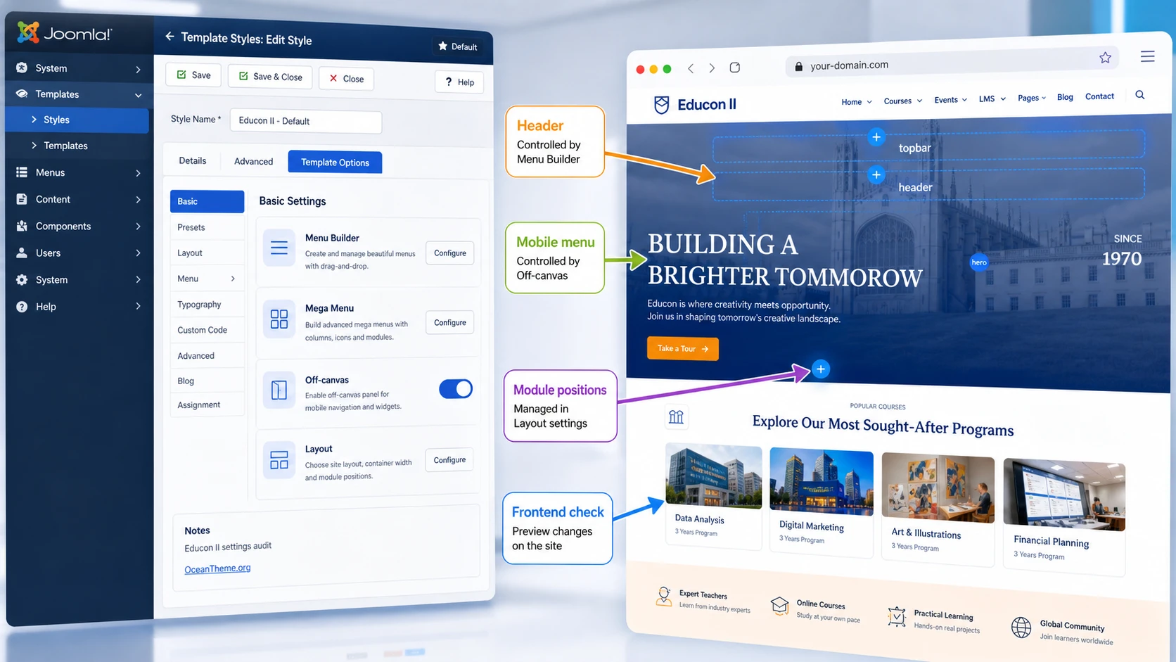 Configuring JoomShaper Educon II through Template Options and Helix Ultimate