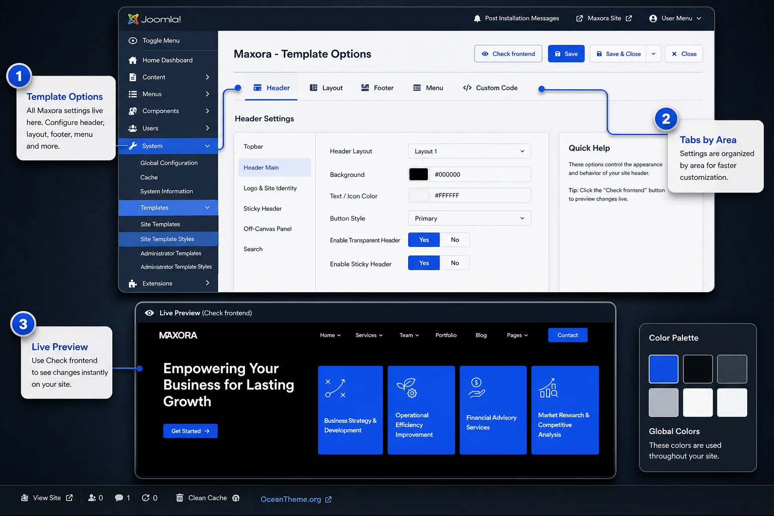 Map of Helix Ultimate settings for the Maxora template in Joomla