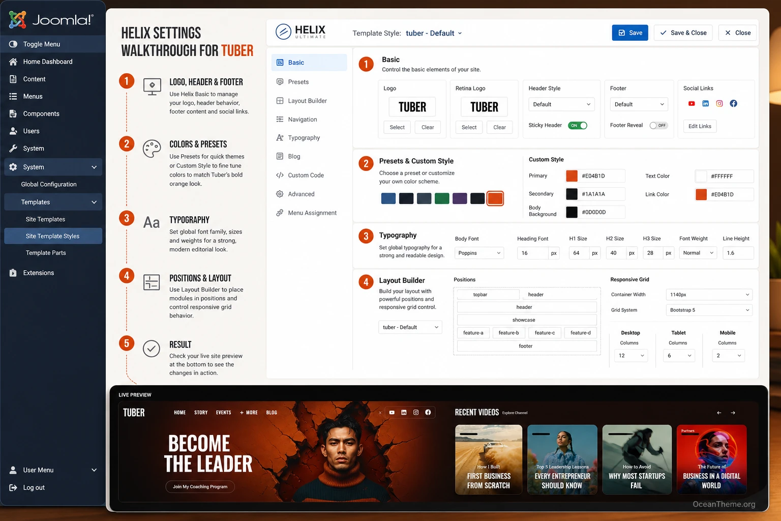 JoomShaper Tuber setup in Helix Ultimate: logo, header, colors, and preview