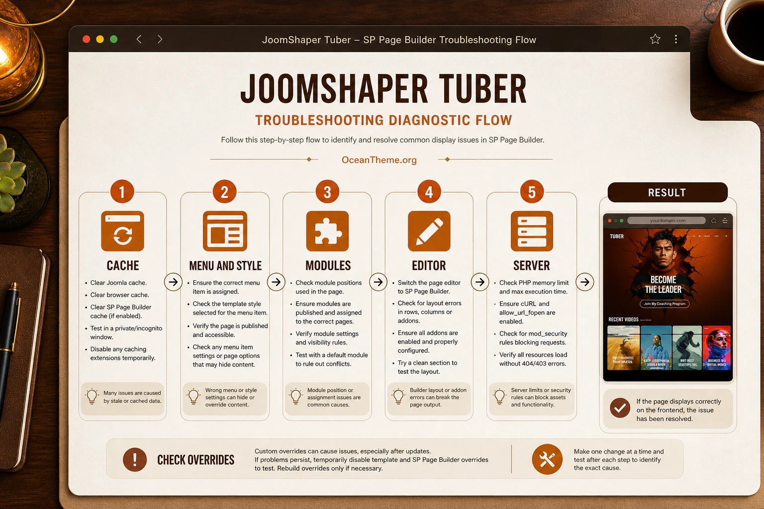 Troubleshooting JoomShaper Tuber issues: cache, menu, modules, editor, and server