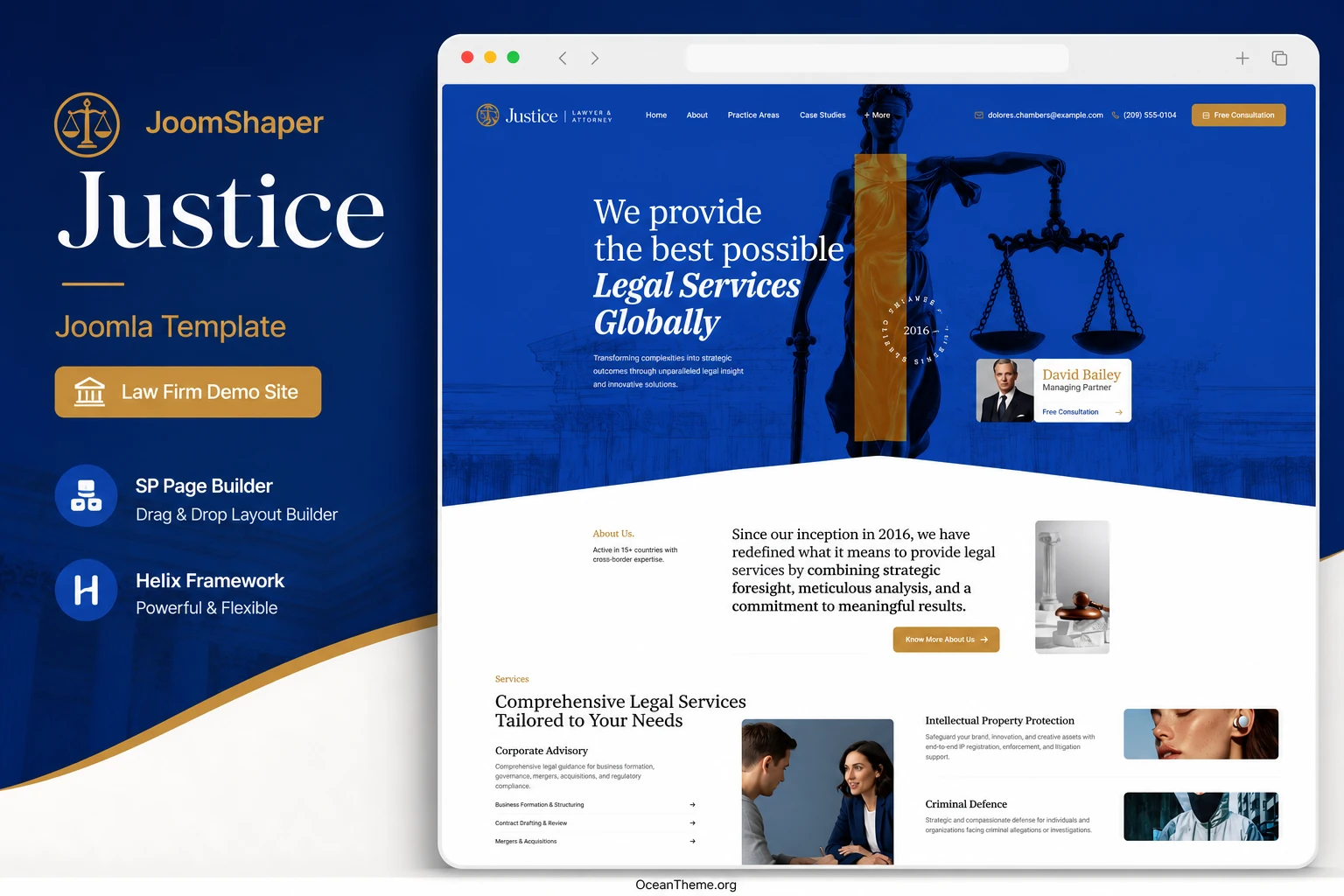 Guide cover for JoomShaper Justice with a reference to the legal template homepage
