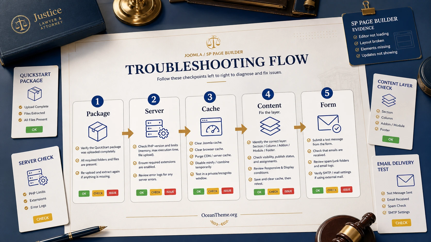 Diagnostic map of installation and setup issues for the Justice Joomla template