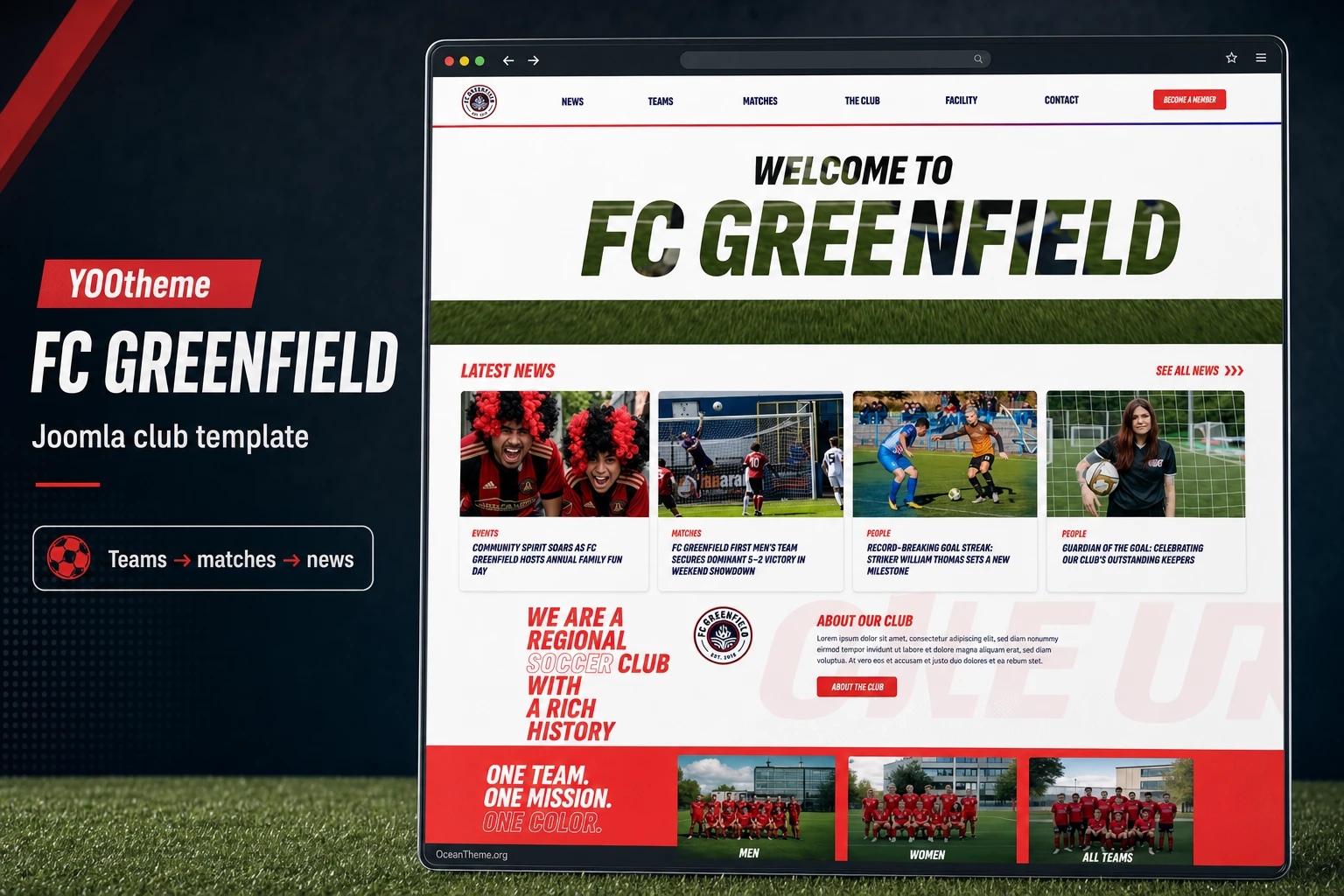 Cover image for the YOOtheme FC Greenfield Joomla guide with a preview of the sports template