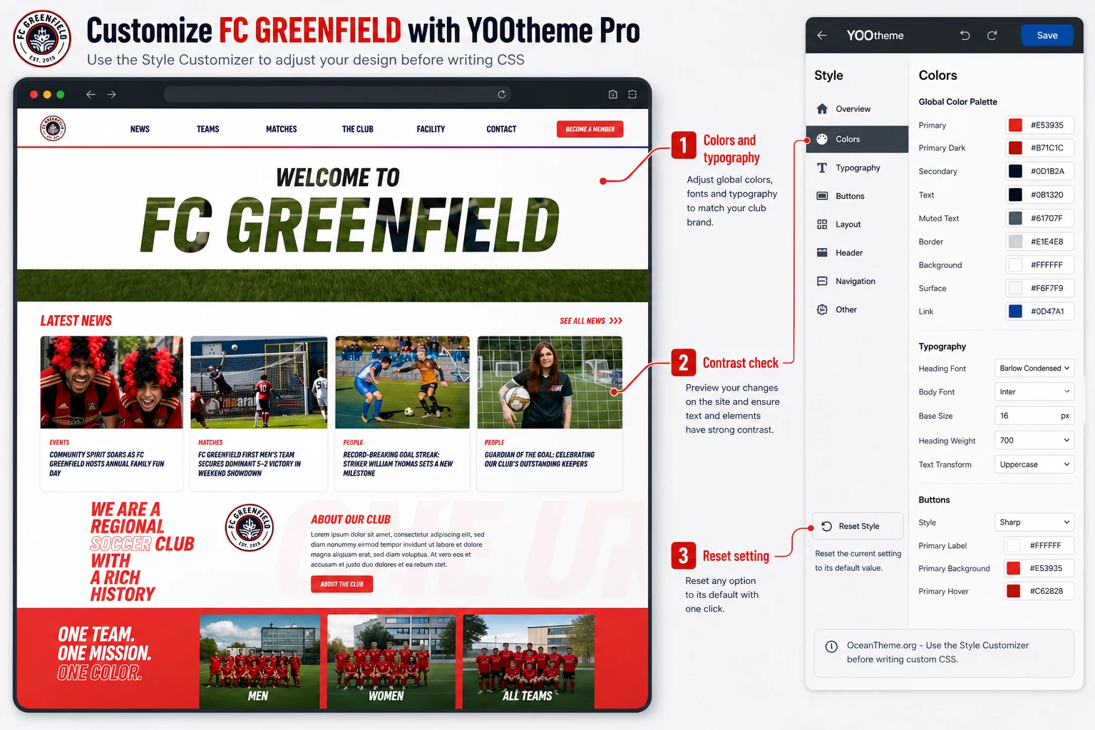 Style configuration map for YOOtheme FC Greenfield in Joomla through the Style Customizer