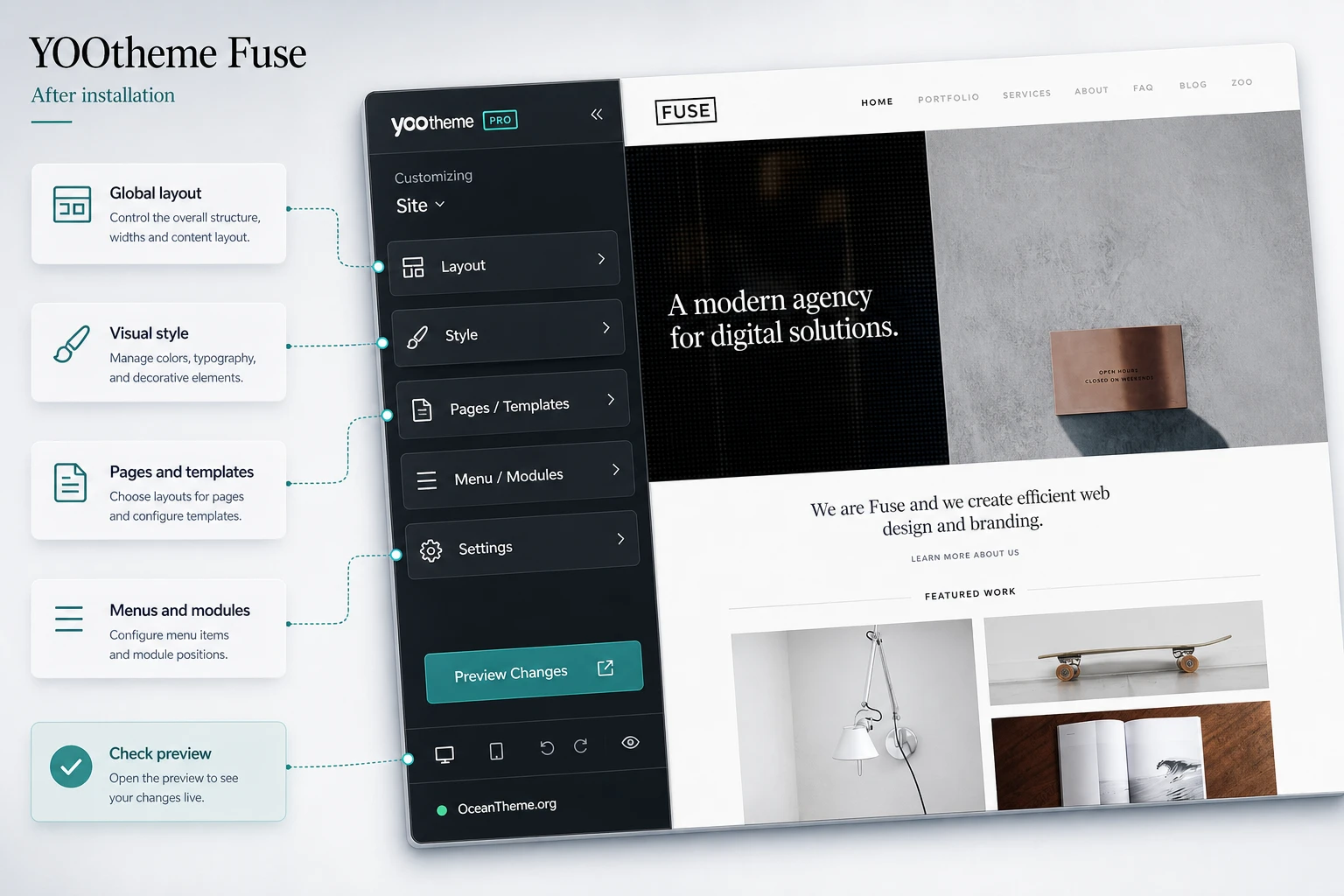 Map of the main YOOtheme Fuse settings inside the YOOtheme Pro interface for Joomla