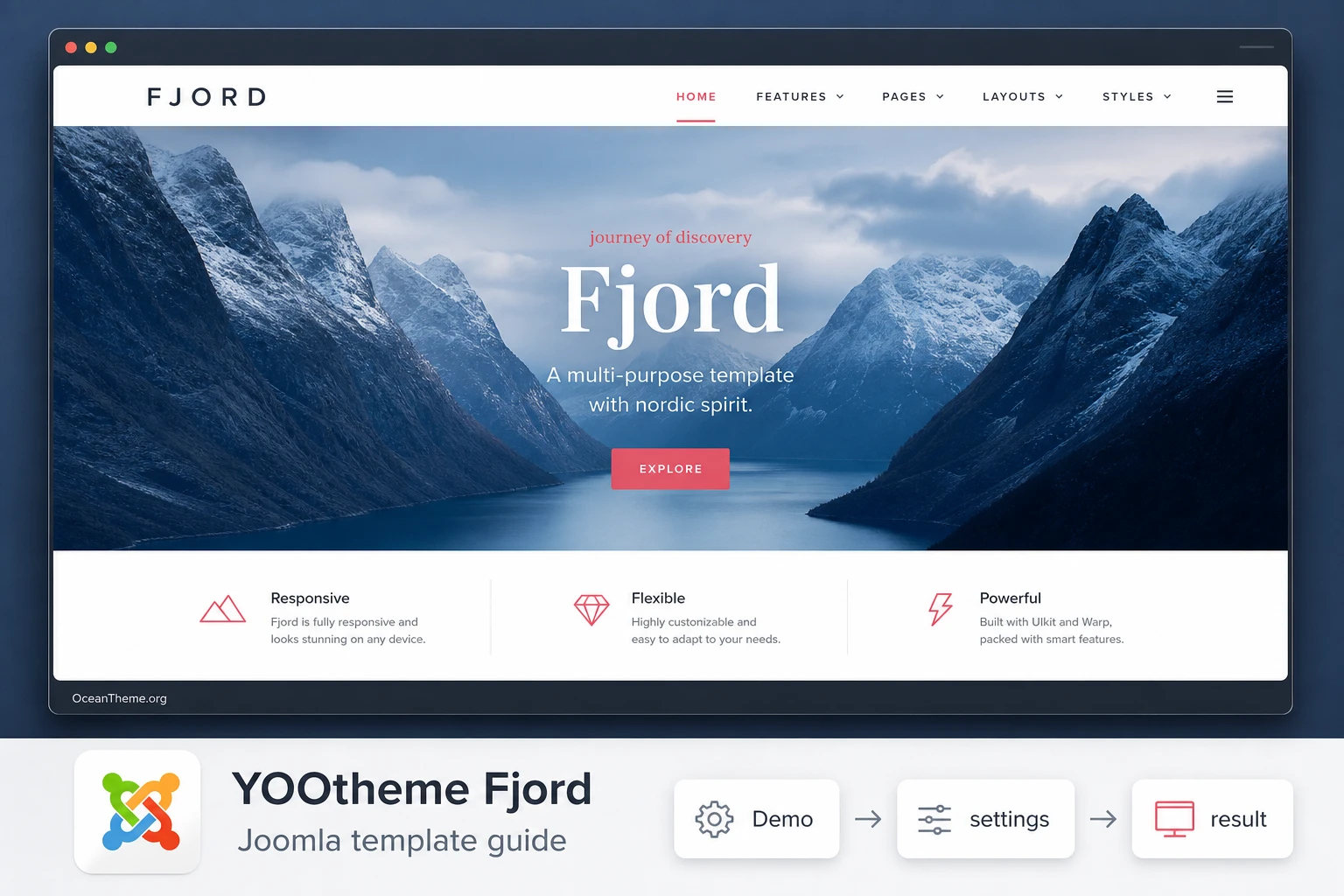 YOOtheme Fjord guide cover with a browser preview of the Joomla template