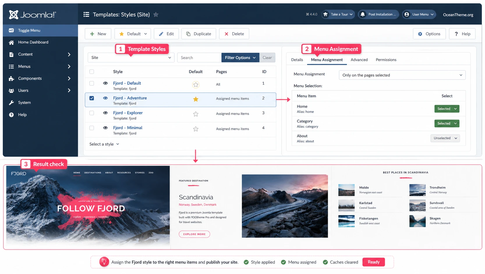 Configuring template styles and menu assignment for YOOtheme Fjord in Joomla