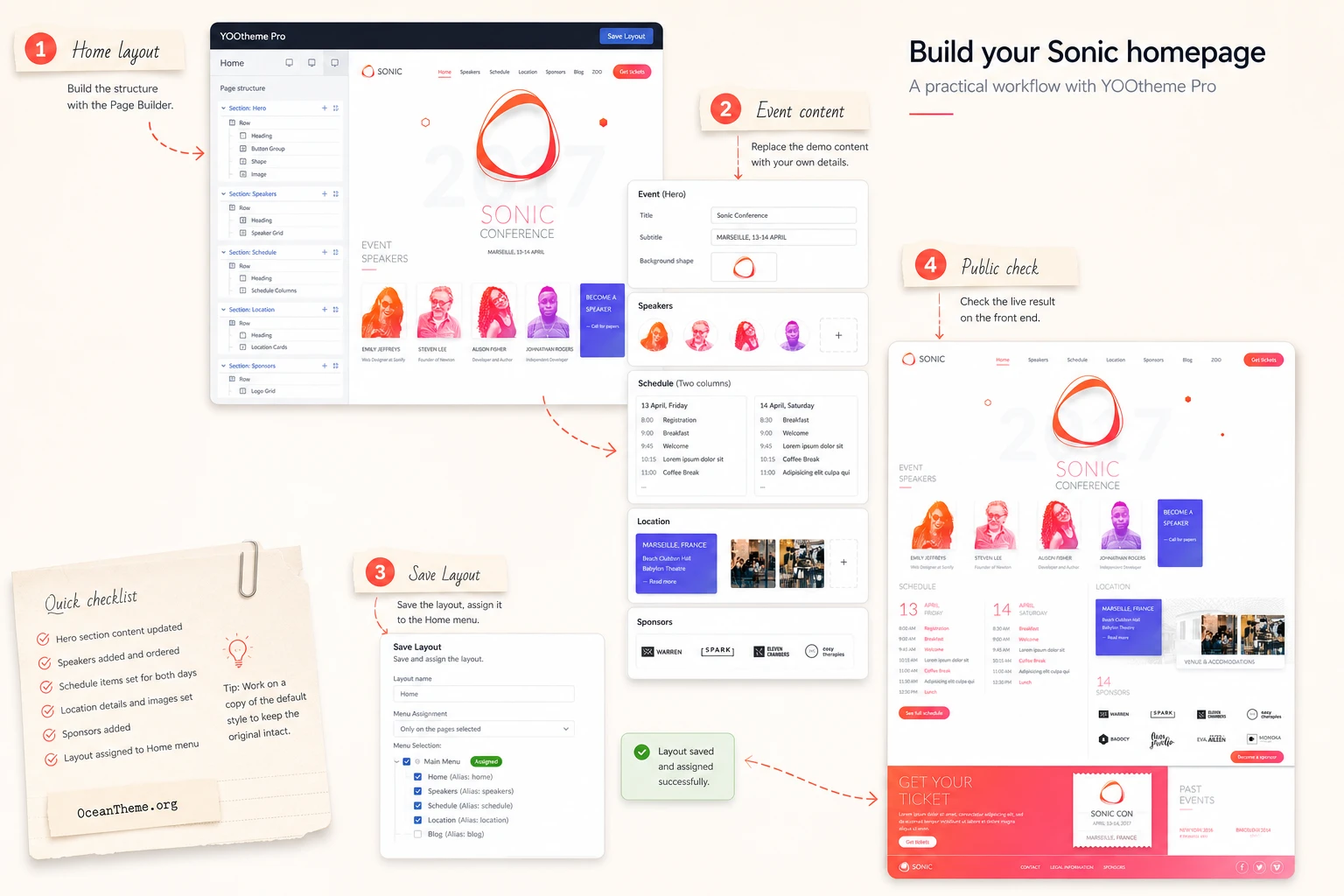 Practical workflow for building a conference homepage in YOOtheme Sonic