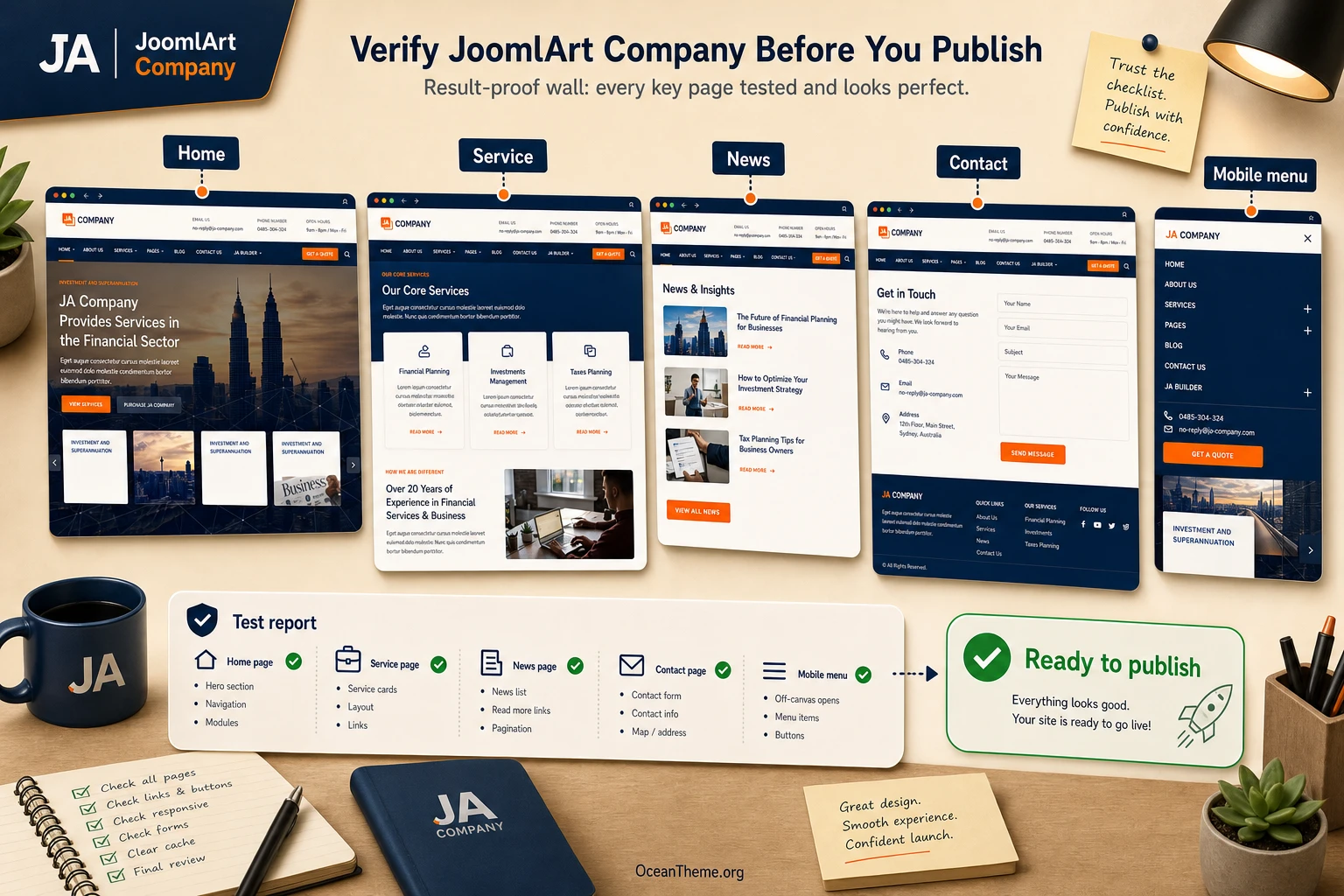 Result check for JoomlArt Company across the homepage, menu, and mobile view