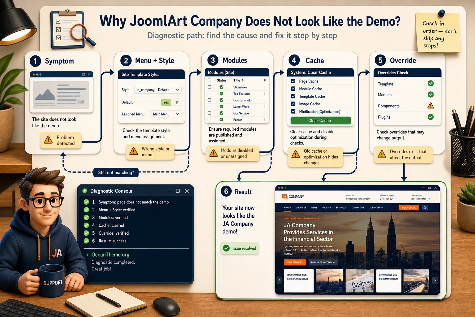 Diagnostic map for JoomlArt Company issues involving modules, menus, cache, and styles