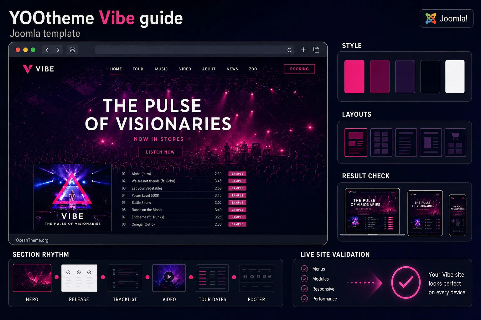 Cover image for the YOOtheme Vibe guide with its recognizable dark music-focused template