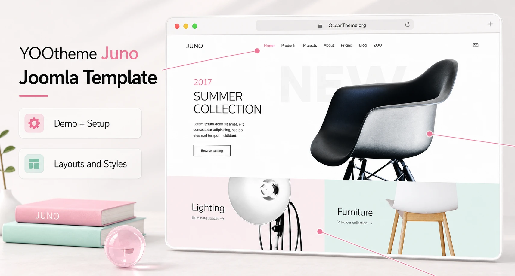 Cover image for the YOOtheme Juno guide with the template's demo homepage