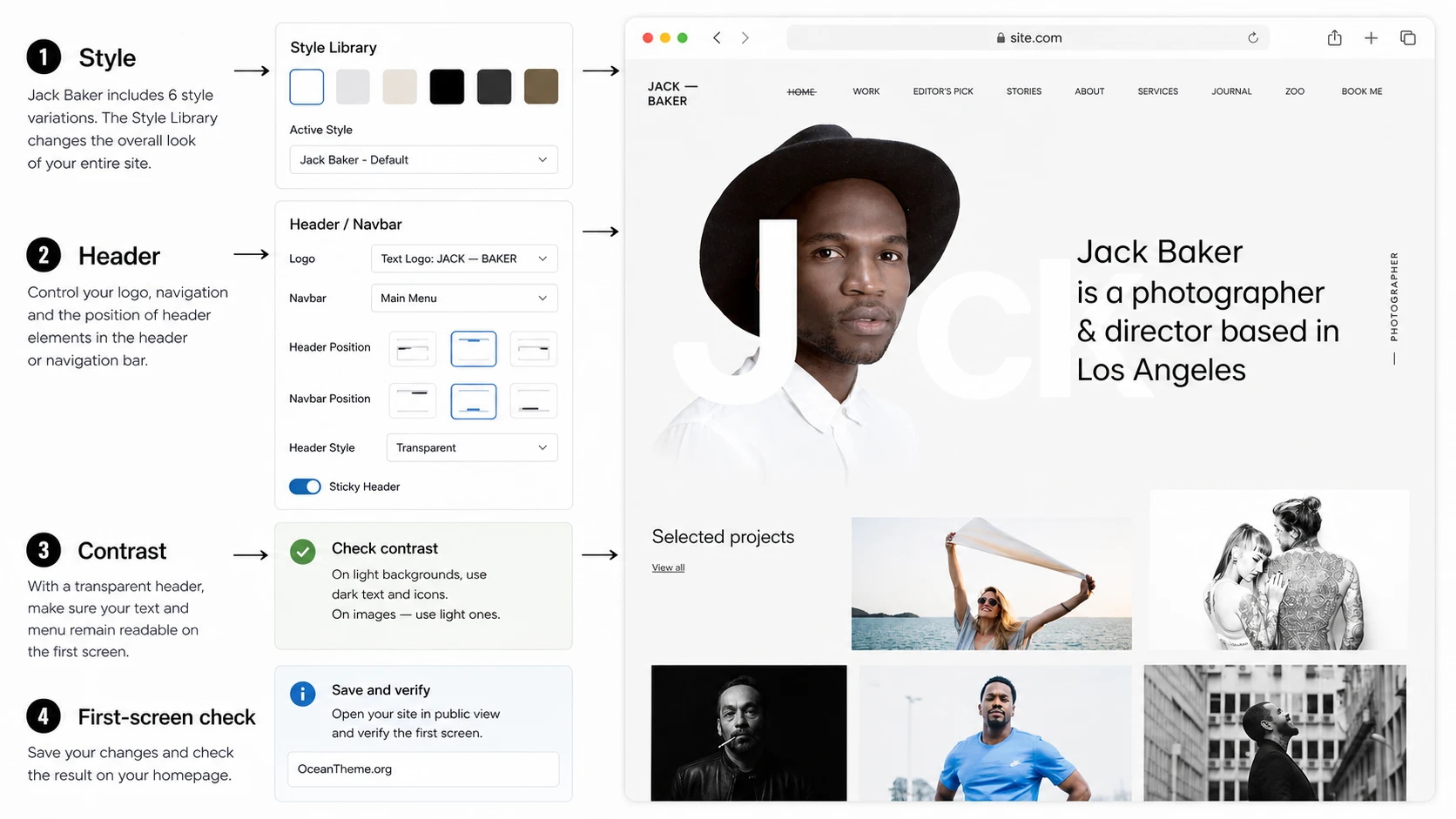 Style and header setup map for the Jack Baker template