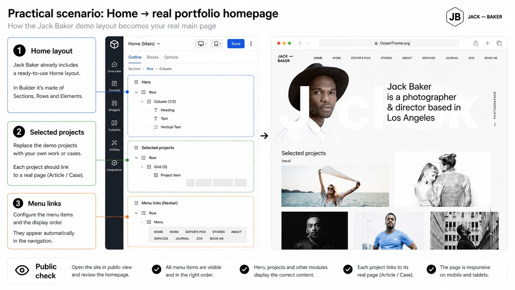 Practical scenario for setting up a portfolio homepage in YOOtheme Jack Baker