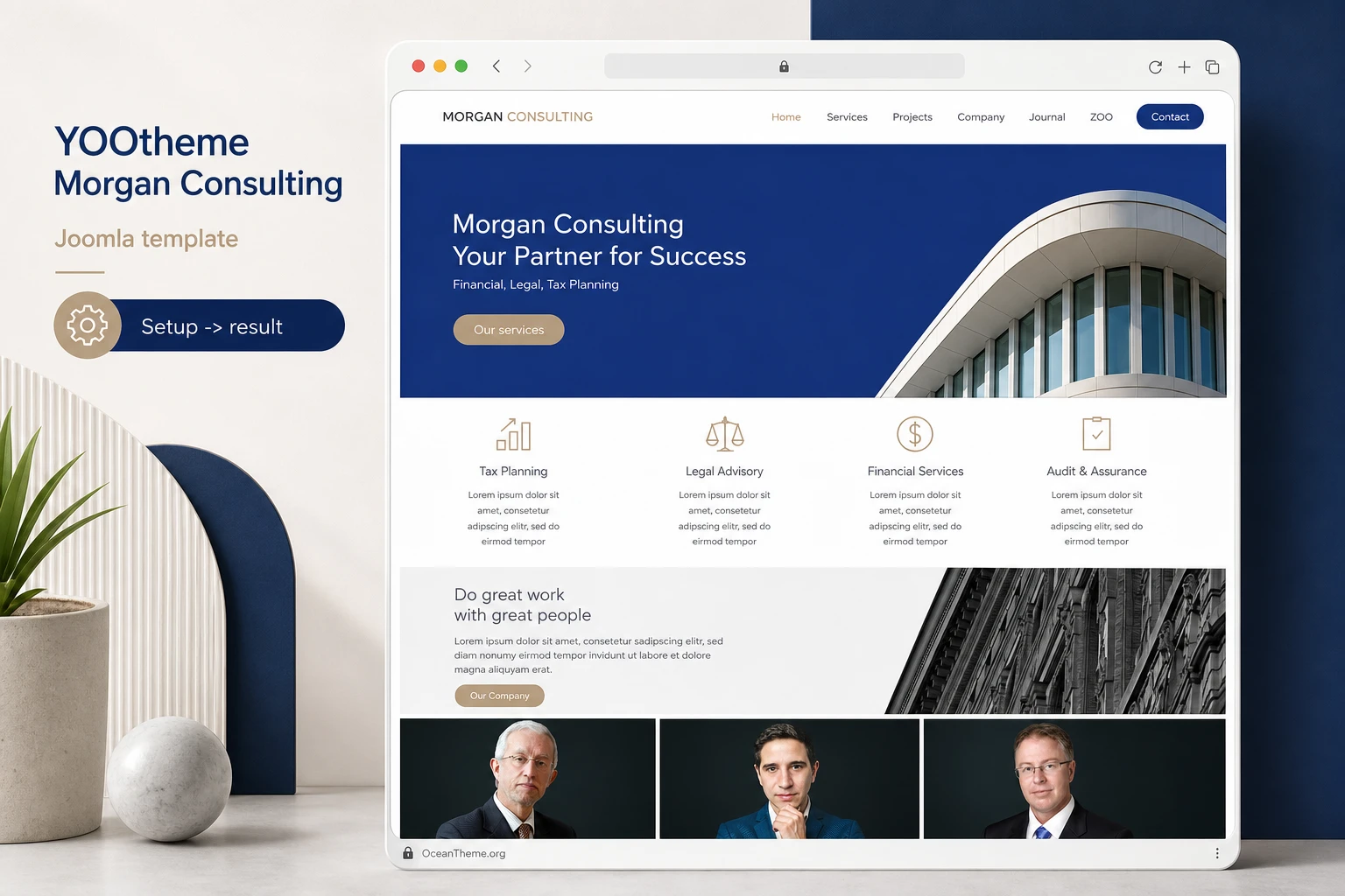 Cover image for the YOOtheme Morgan Consulting guide with a homepage layout and Joomla context