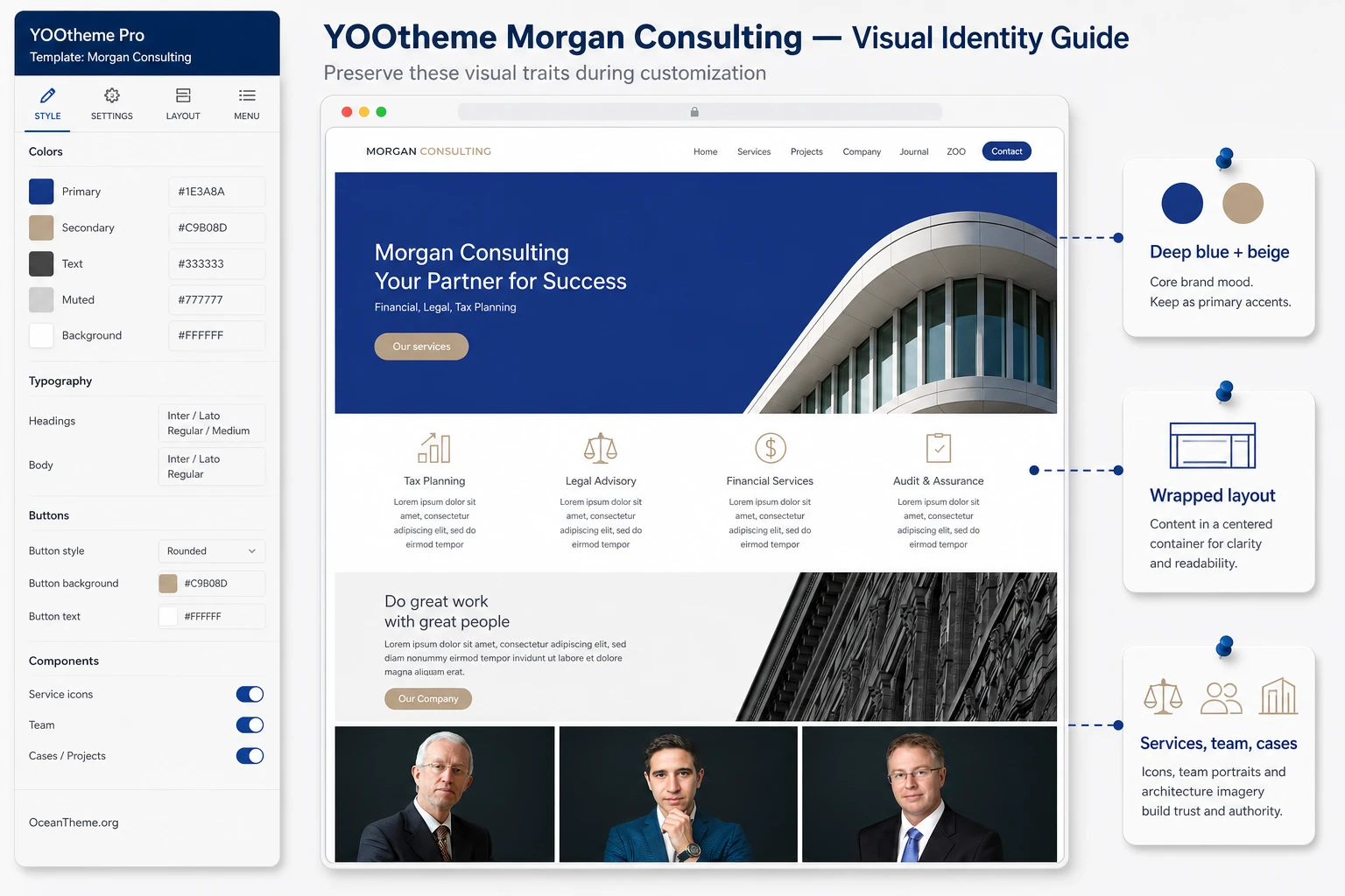 Style map of YOOtheme Morgan Consulting with palette, wrapped layout, and service blocks