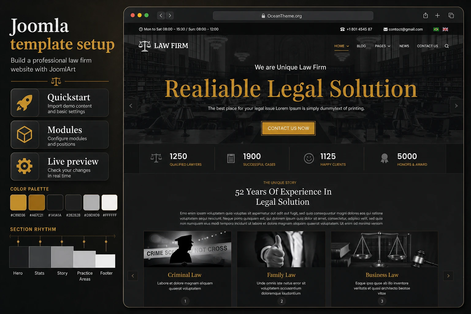 Guide cover for JoomlArt Law Firm with a view of the law firm template