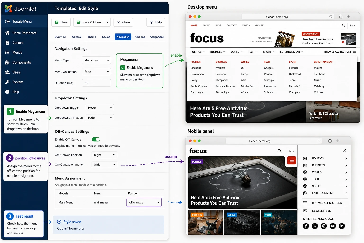 How JoomlArt Focus Megamenu and off-canvas settings affect the final site navigation