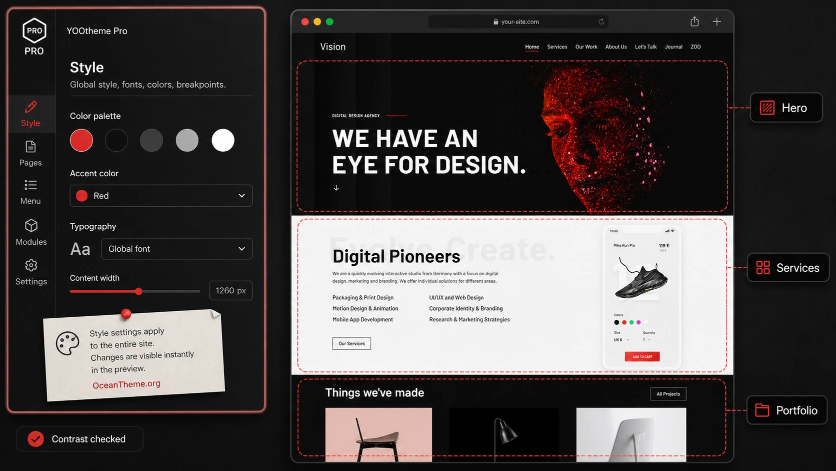 How the Vision style connects the hero section, services, and portfolio