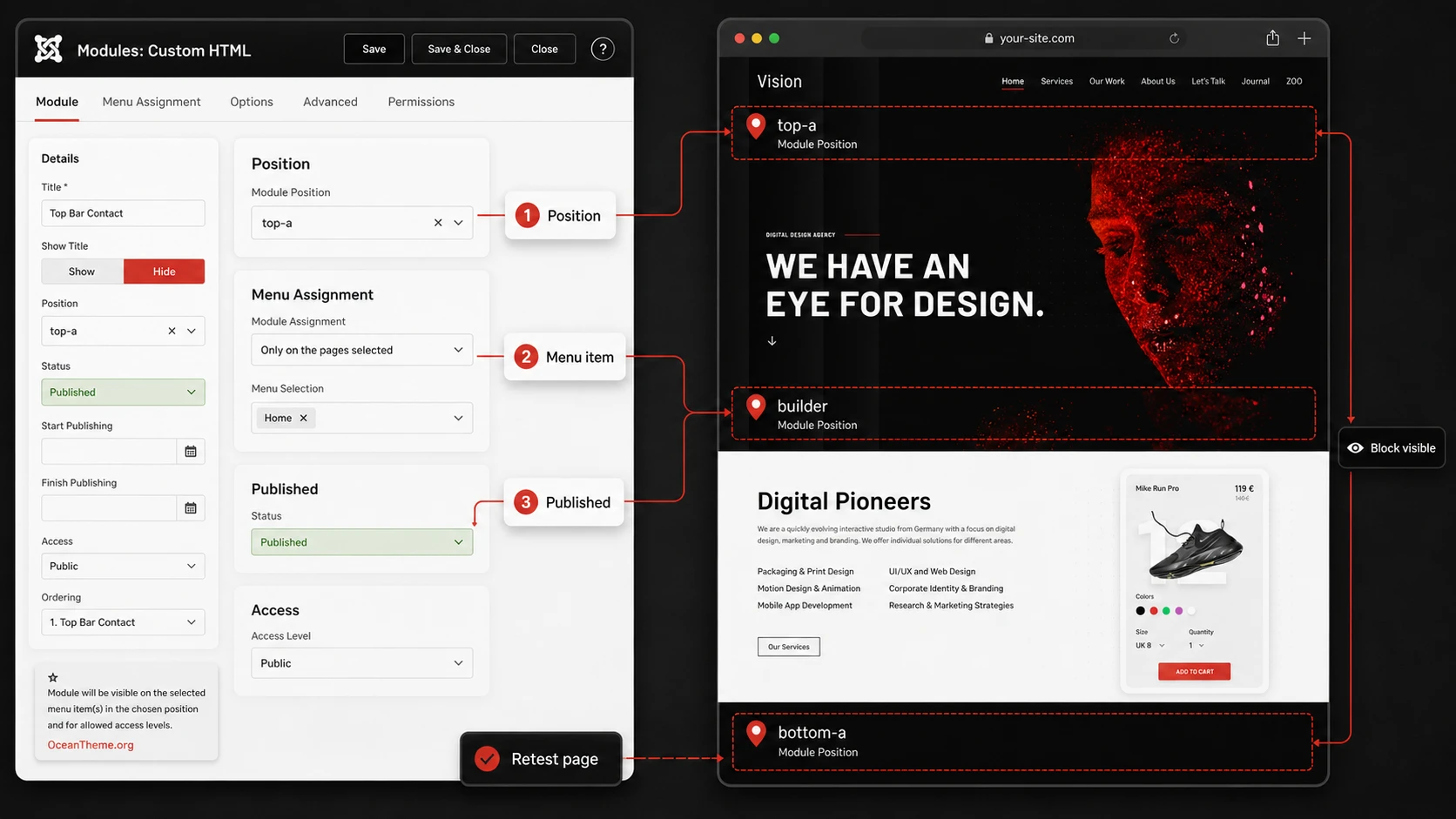 Checking menus and module positions in YOOtheme Vision for Joomla