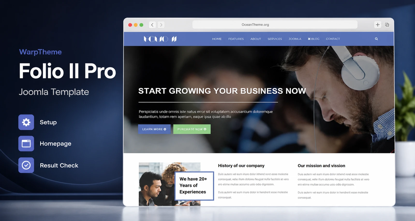 Guide cover for WarpTheme Folio II Pro with a homepage reference from the template