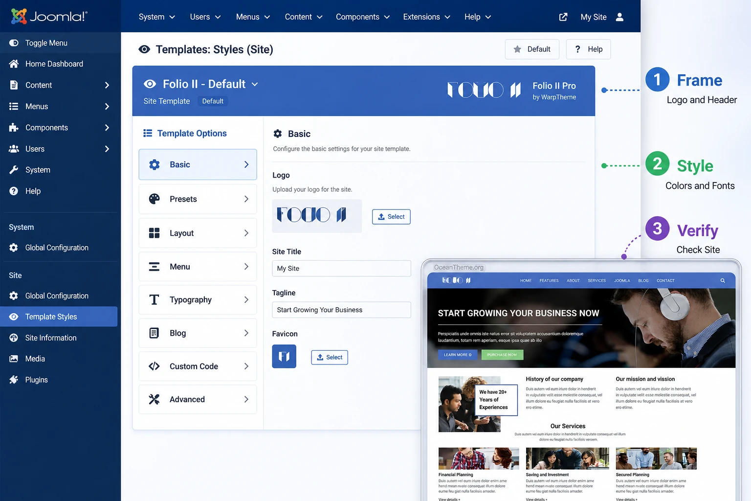 Template Options map for configuring the WarpTheme Folio II Pro Joomla template