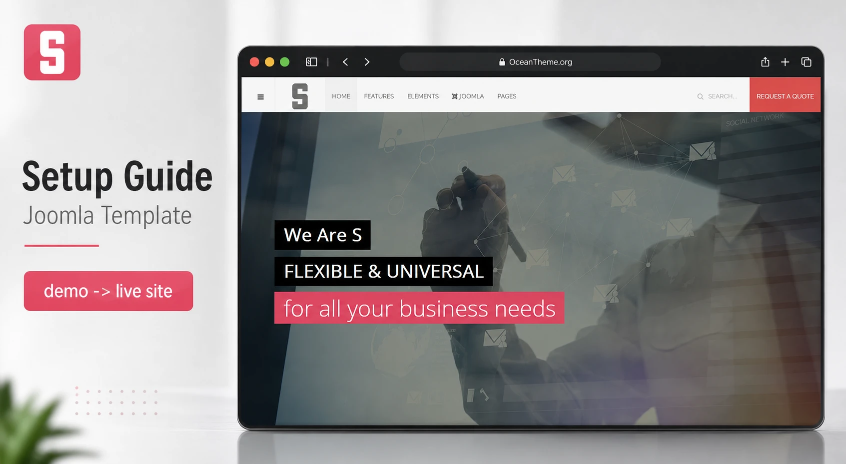 WarpTheme S Pro shown as a guide cover with the original Joomla template look