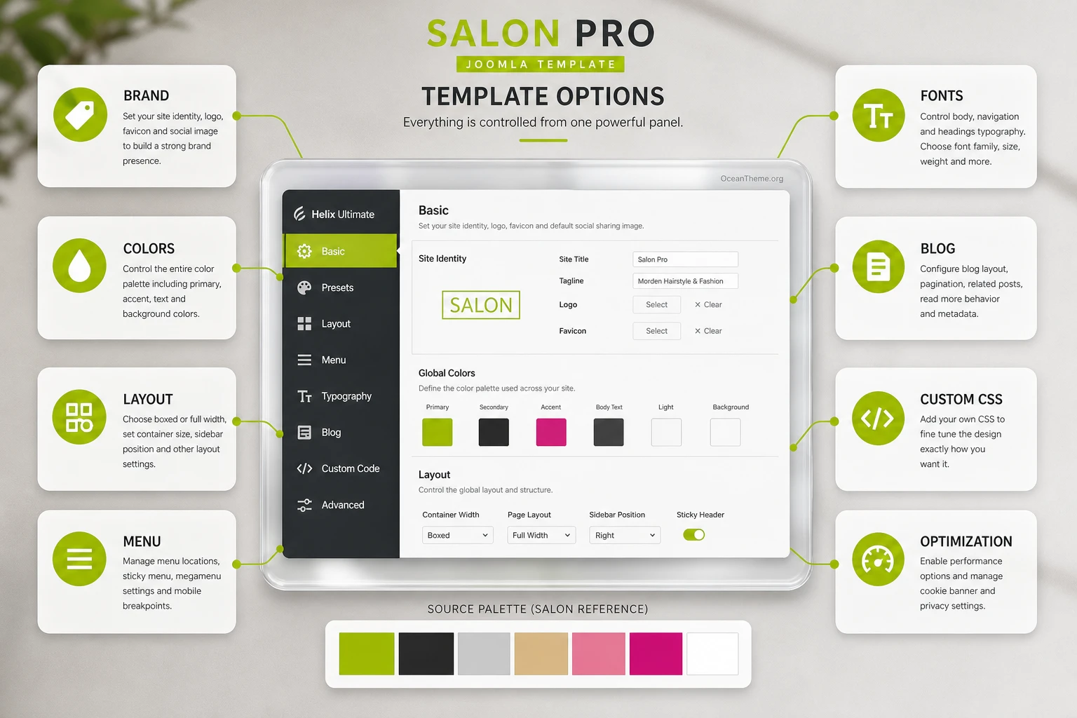 Template Options map for configuring a salon Joomla template