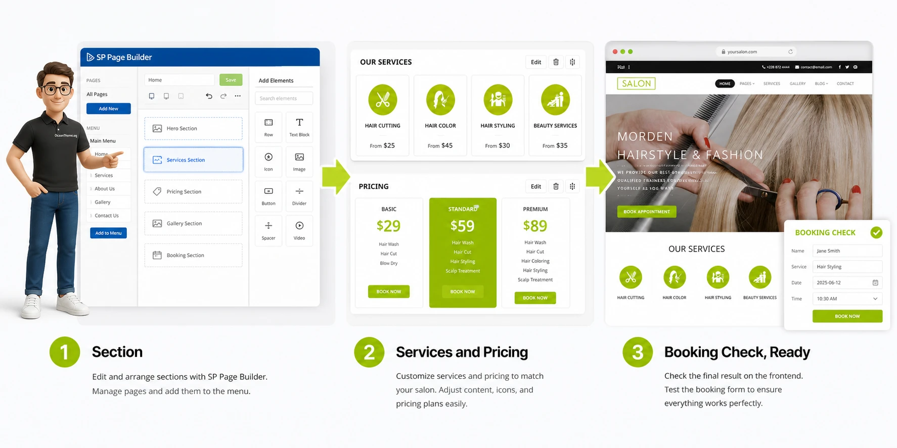 Practical homepage setup workflow for a salon in a Joomla template