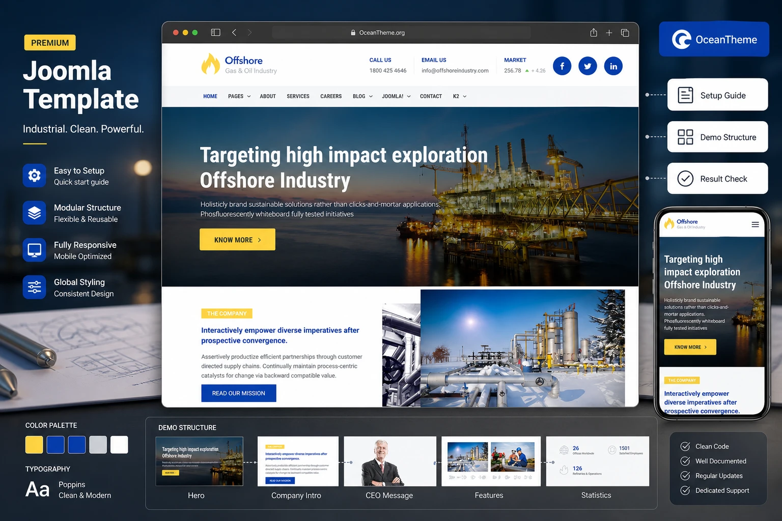 Cover image for the WarpTheme Offshore Pro guide with an industrial Joomla template reference