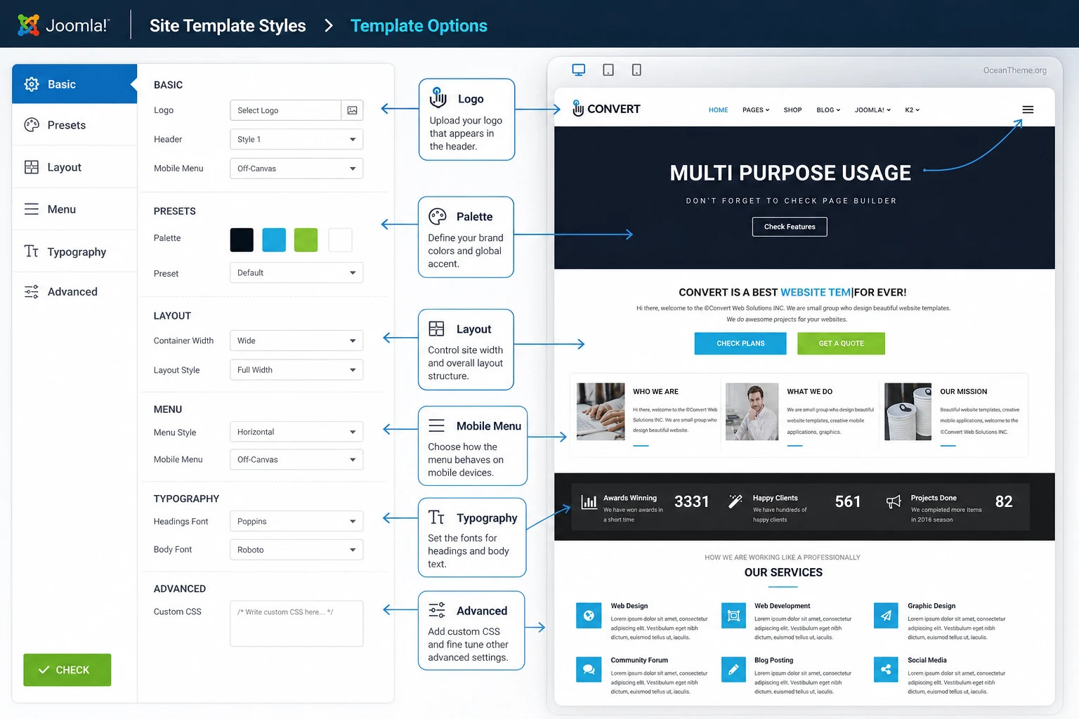 Map of the main WarpTheme Convert Pro settings in Joomla Template Options
