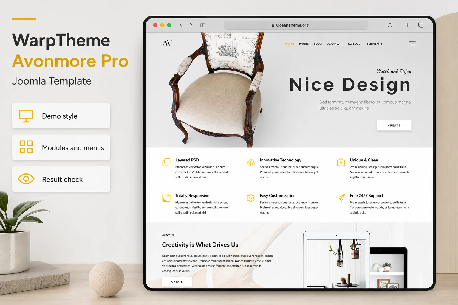WarpTheme Avonmore Pro shown as a guide cover with the original interior design demo