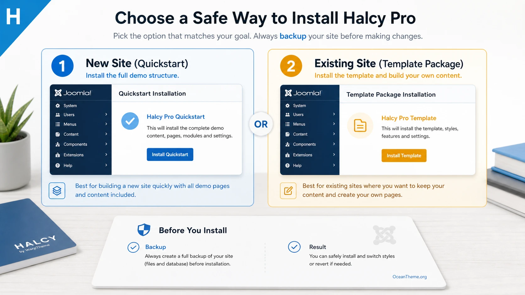 Decision map between quickstart and a standard WarpTheme Halcy Pro installation