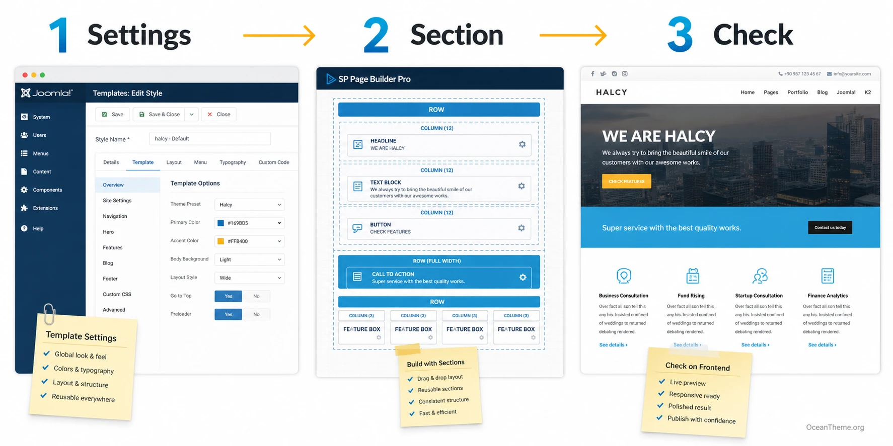 Workflow for configuring a Halcy page through Joomla and SP Page Builder