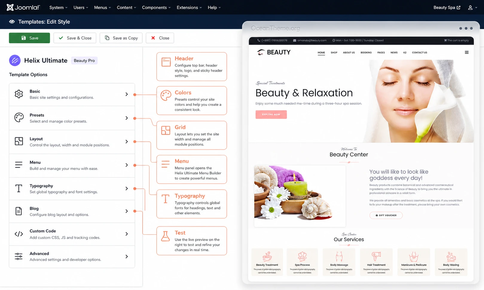 Settings map for WarpTheme Beauty Pro in Joomla Template Options