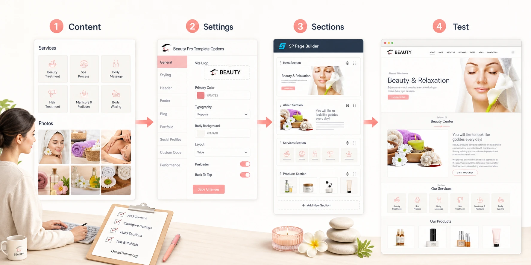 Practical homepage setup scenario for the Beauty Pro Joomla template
