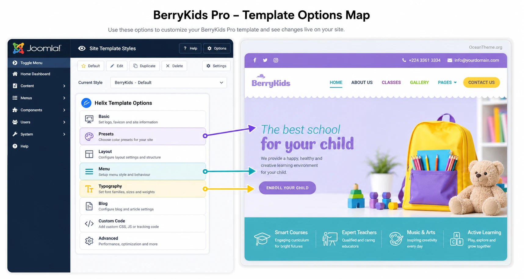 Map of Template Options for WarpTheme BerryKids Pro in Joomla