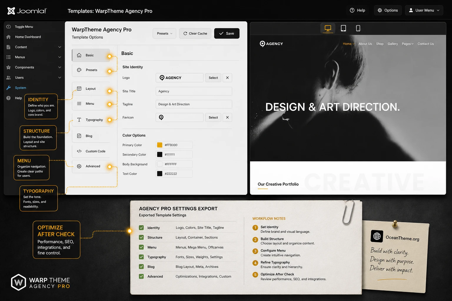 Template Options settings map for WarpTheme Agency Pro