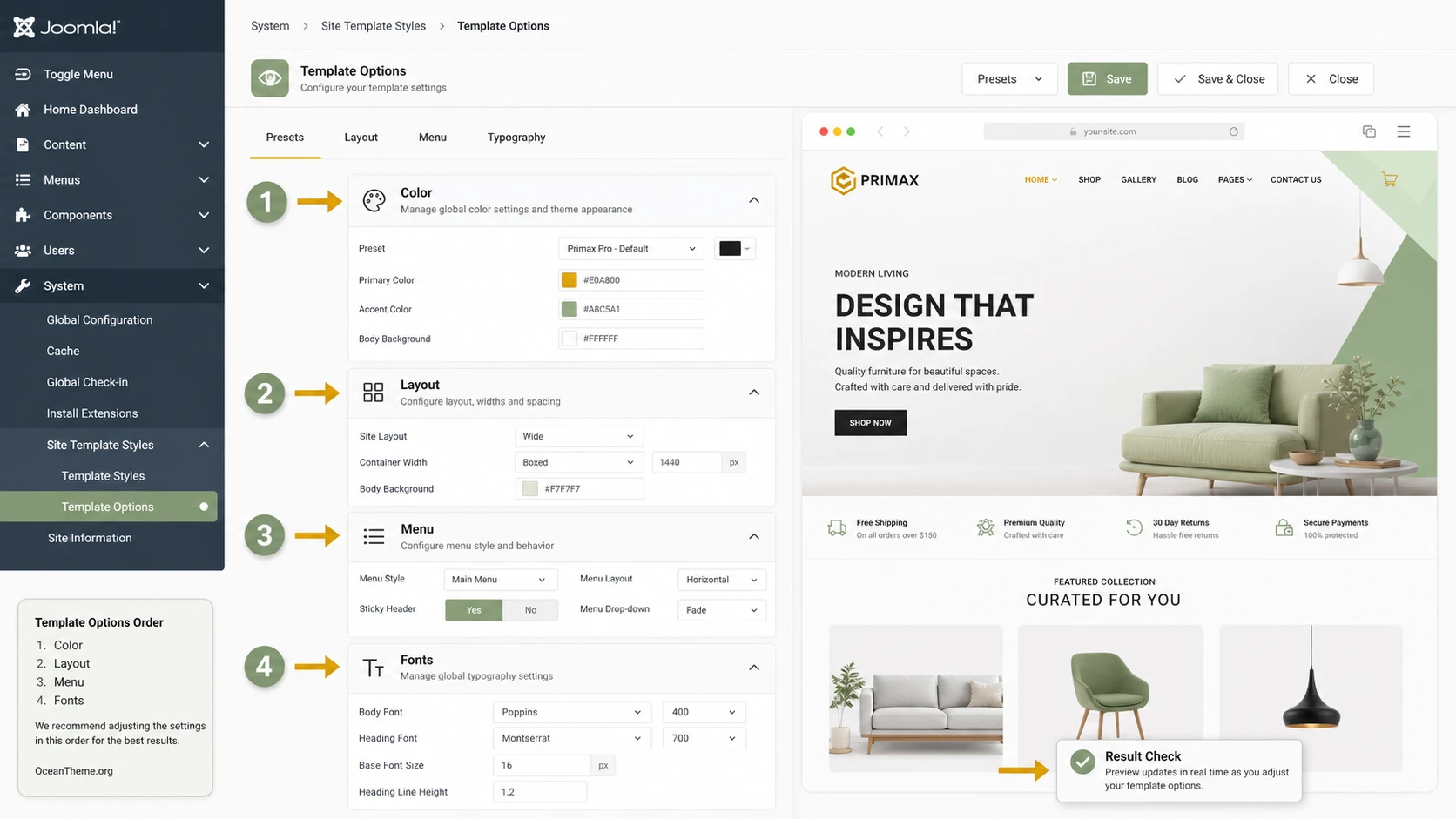 Map of the first WarpTheme Primax Pro settings in Joomla Template Options