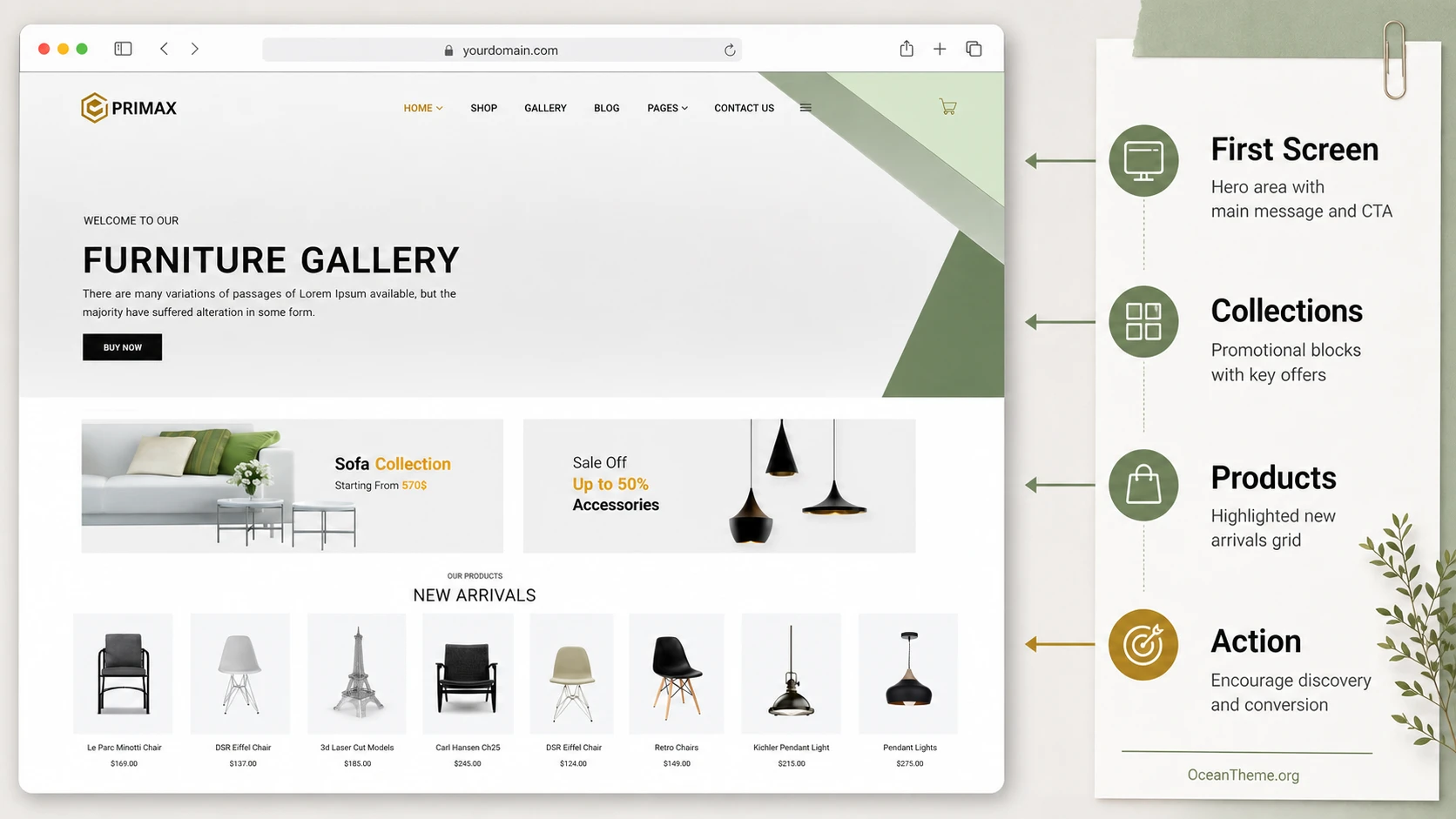 Example of a WarpTheme Primax Pro homepage structure for a furniture catalog