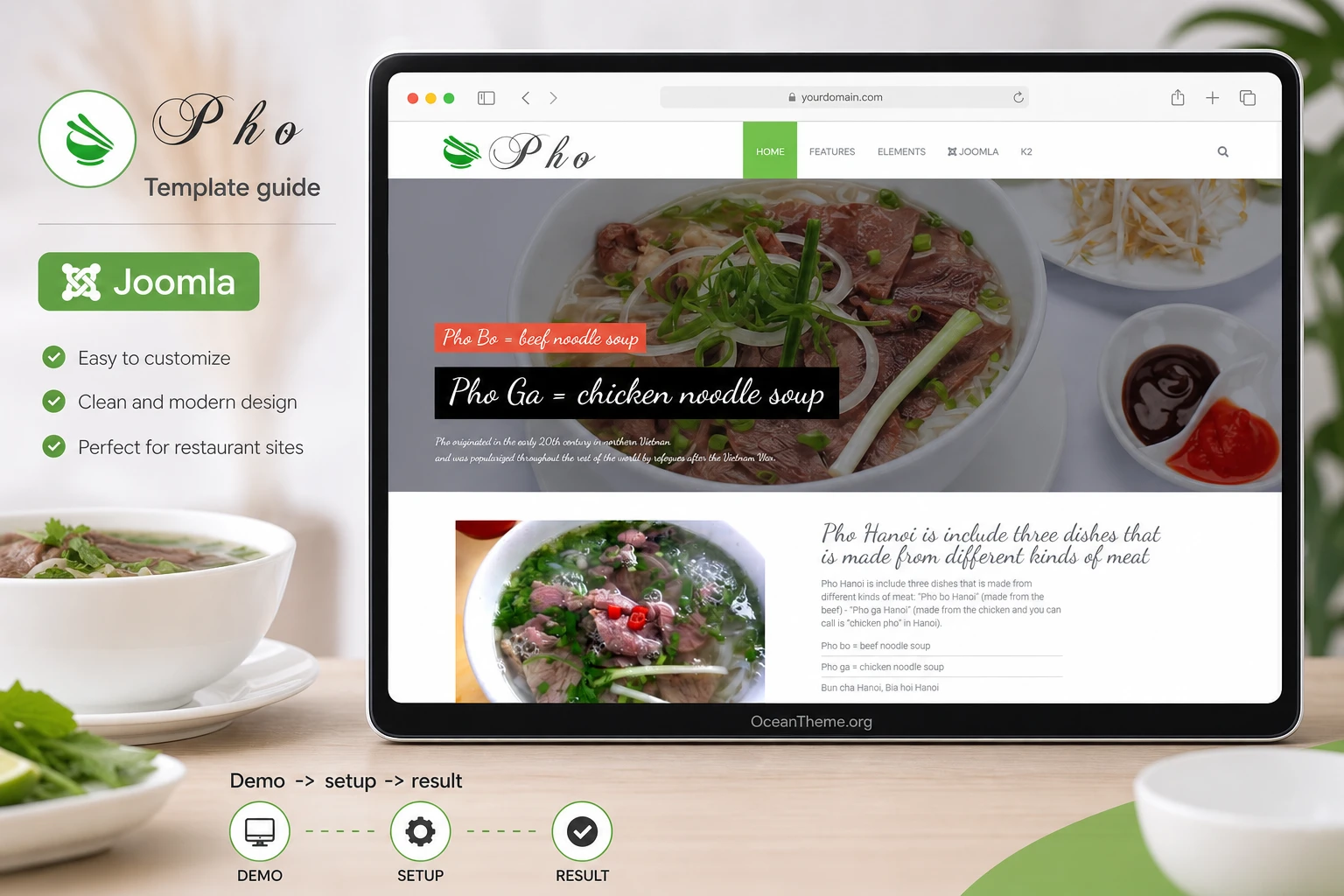 WarpTheme Food Pro as a guide cover with a reference to the template homepage