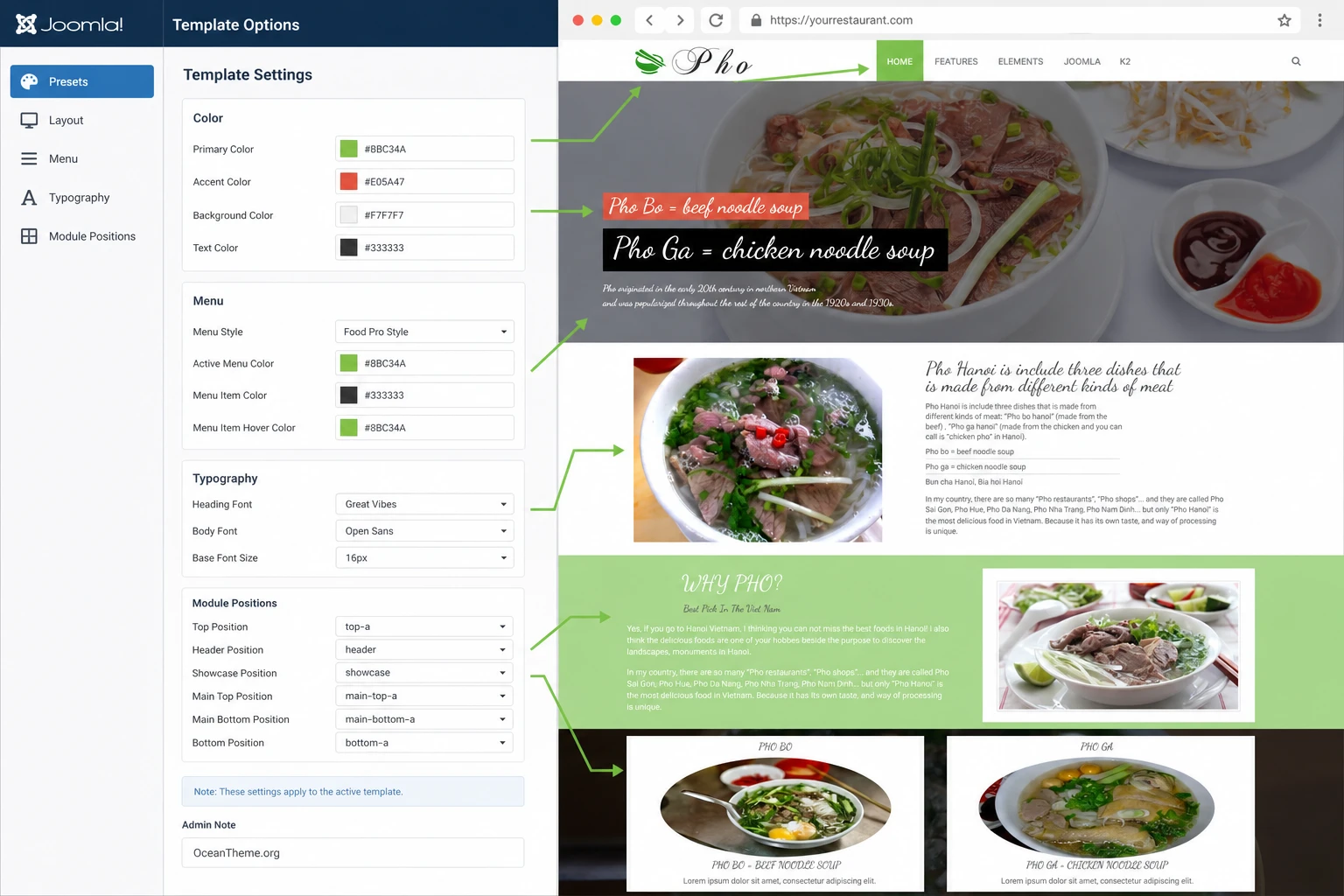 Template Options settings and module positions for WarpTheme Food Pro