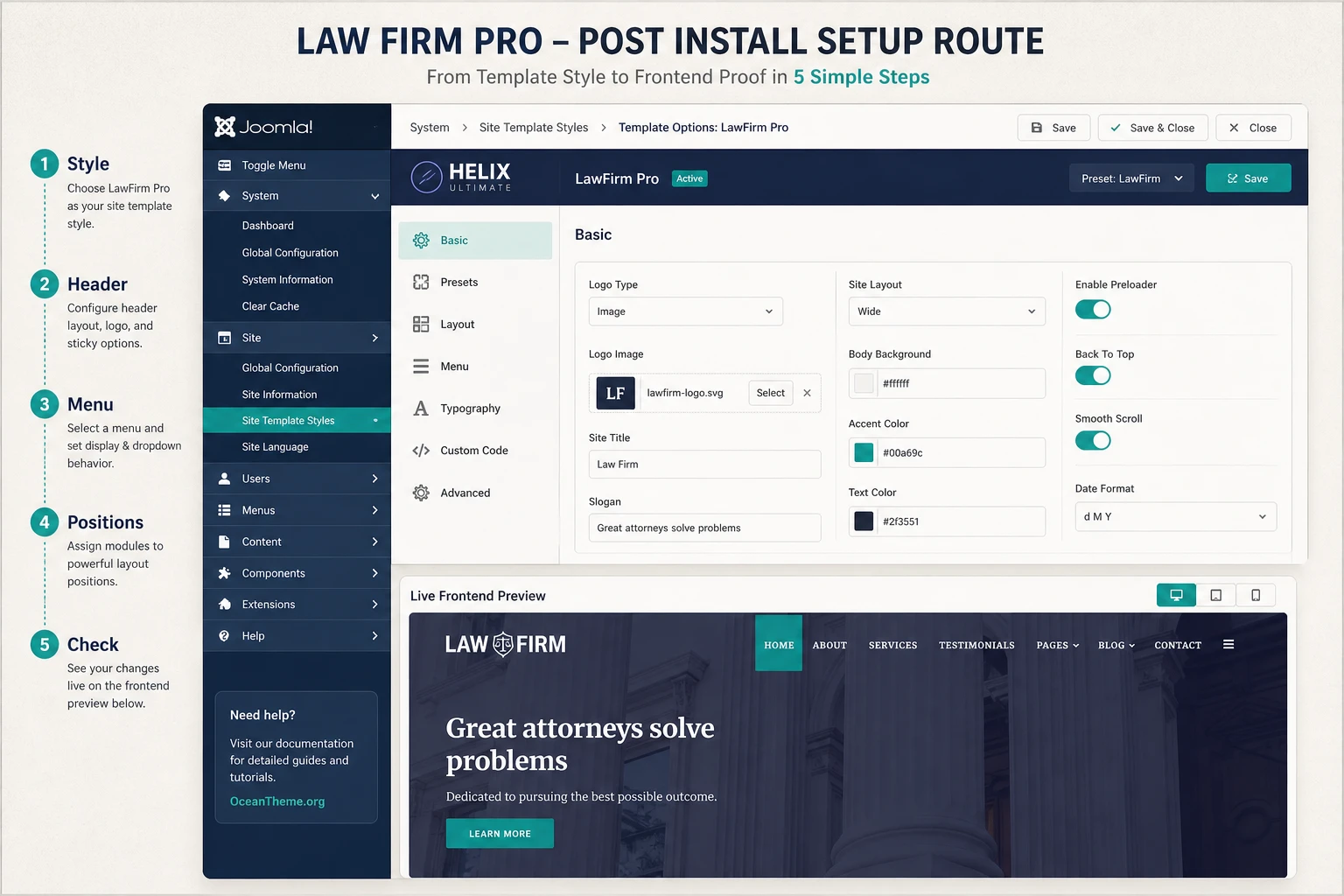 Map of key WarpTheme LawFirm Pro settings in Joomla Template Options