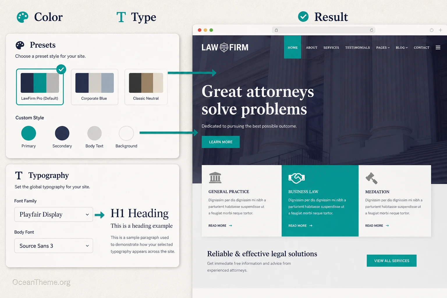 How Presets, Typography, and the homepage result connect in WarpTheme LawFirm Pro