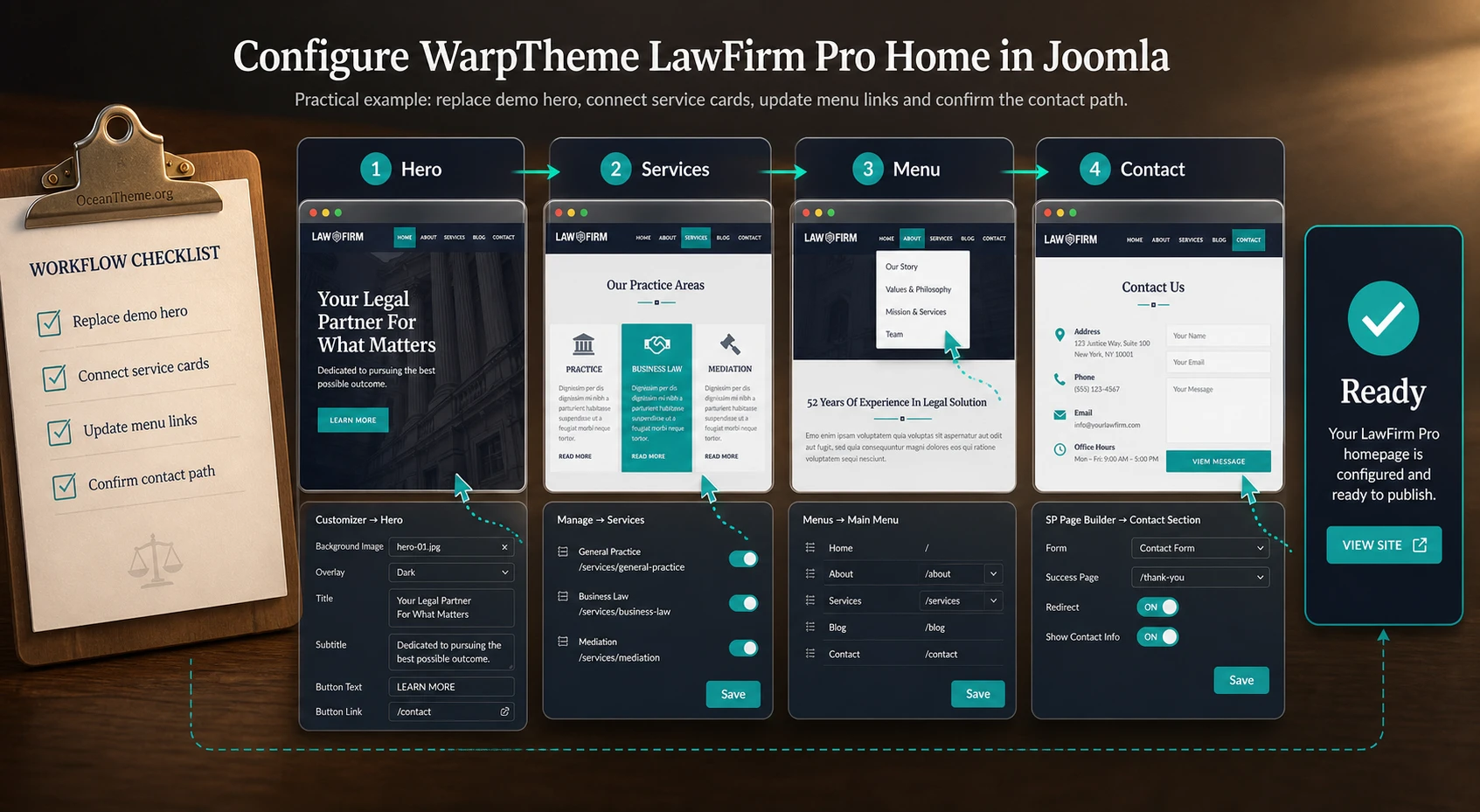 Practical homepage setup scenario in WarpTheme LawFirm Pro