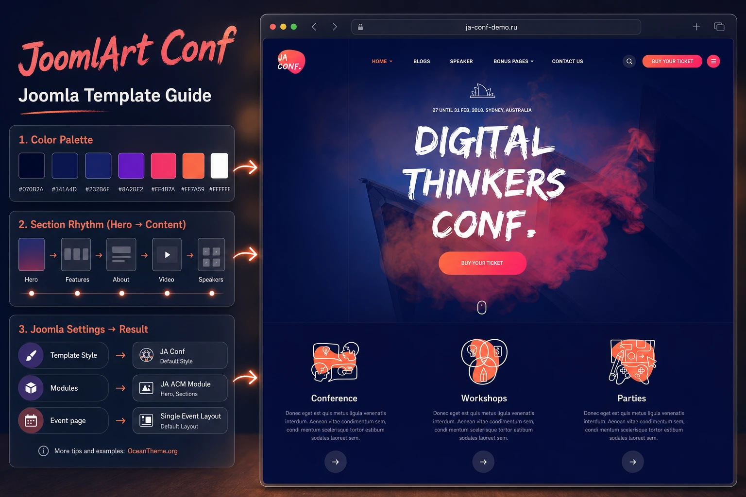 JoomlArt Conf guide cover with a reference to the template homepage