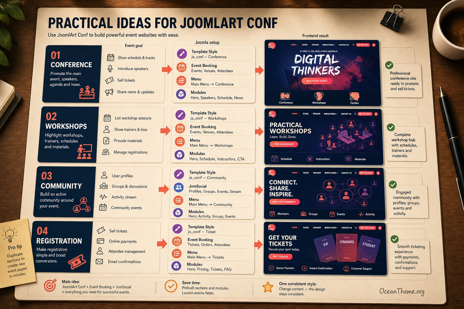Scenario map for using JoomlArt Conf for a conference, workshops, community, and registration