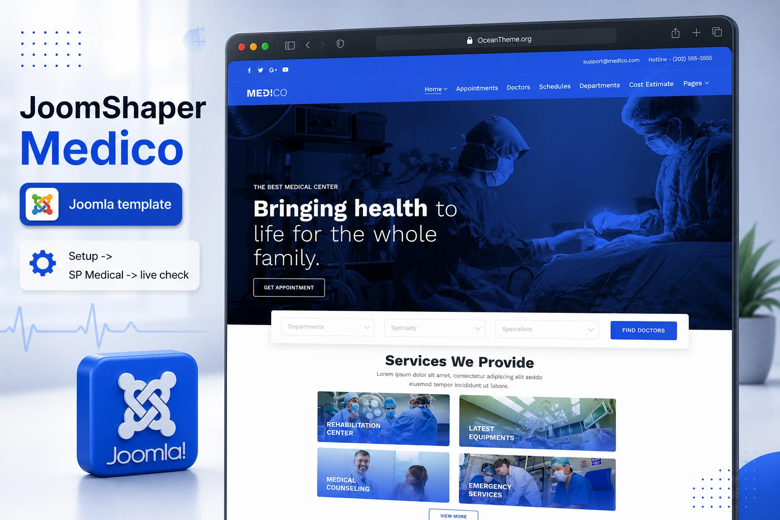 Cover visual for the JoomShaper Medico guide with a medical template reference