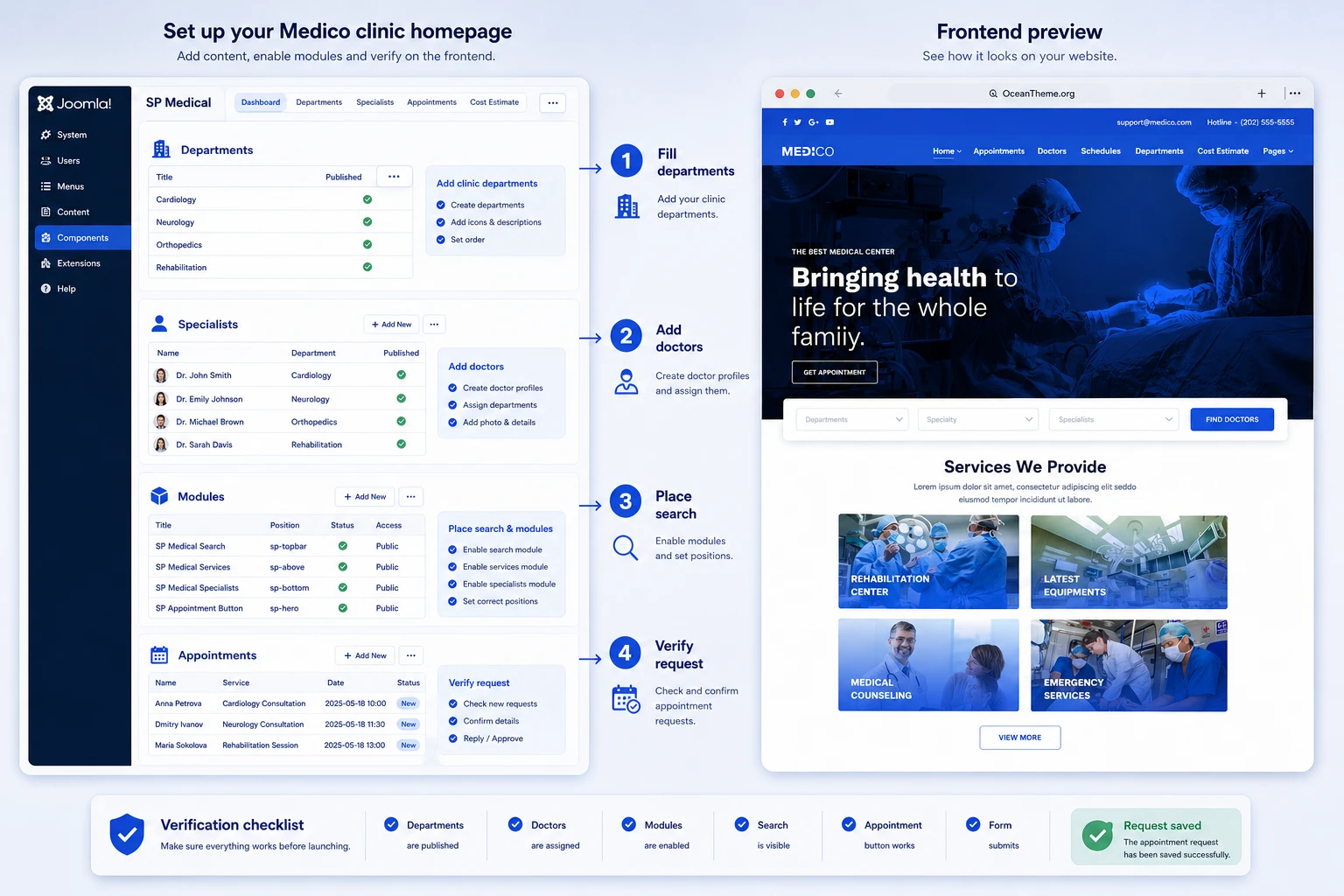 Practical homepage setup scenario for a clinic in JoomShaper Medico