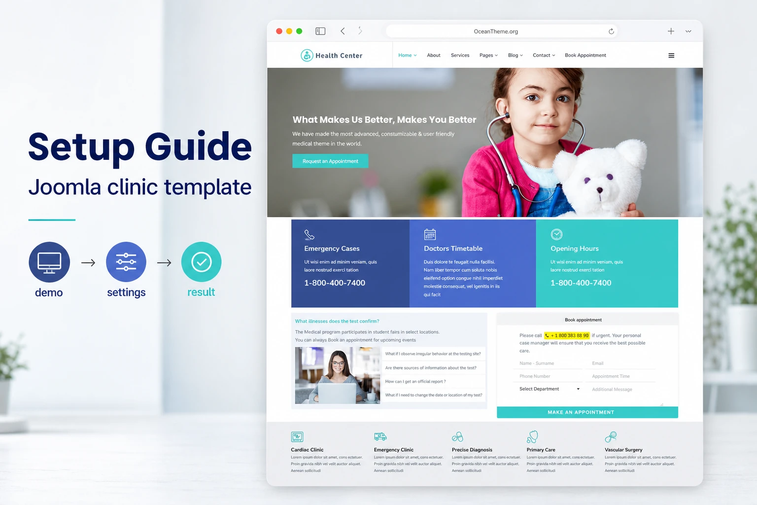Cover image for the WarpTheme Health Center Pro guide with a Joomla template demo homepage
